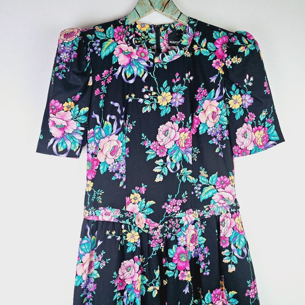 Vintage Positive Attitude 1980's Bold Floral Grunge Alt Basque Body Dress, 5/6 - Picture 2 of 11